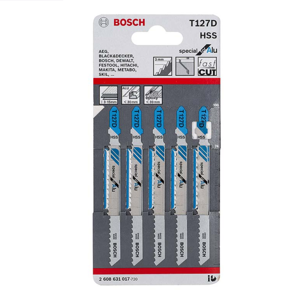 Нож за „зеге“ Bosch с T-захват за ламарина и алуминий 74/100 мм, 8.5 TPI, 5 бр., праволинейно, T 127 D