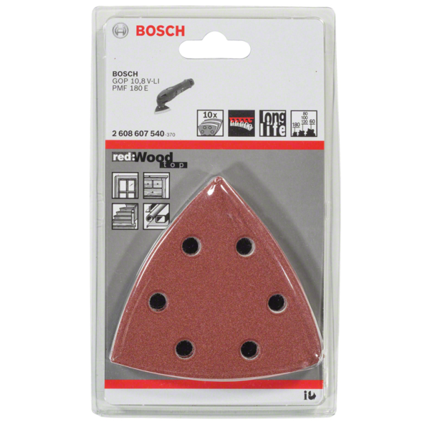 Шкурка Bosch за виброшлайф триъгълна с 6 отвора P100, P120, P180, P60, P80, 10 бр., Expert for Wood and Paint C430