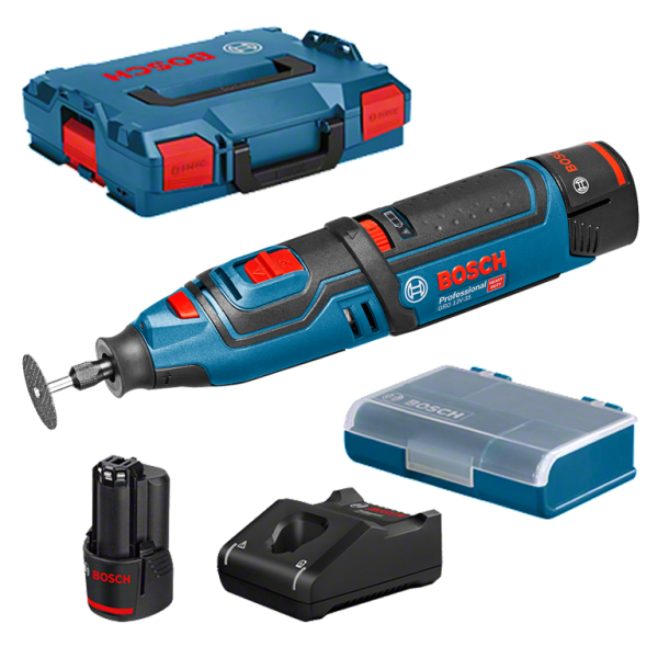Права Bosch прав акумулаторен с плавно регулиране комплект с 2 батерии и зарядно, 12 V, 5000-35 000 об./мин, GRO 12V-35