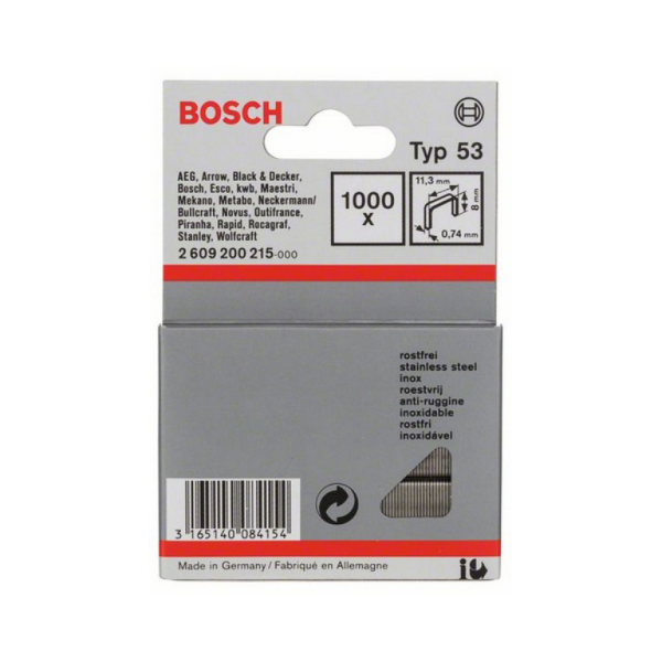 Скоби Bosch за такери габарит 53 неръждаема стомана 11.3×0.75×8 мм, 1000 бр., 53