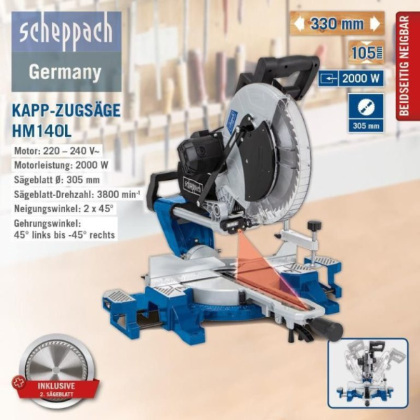 Комбиниран потапящ циркуляр за ъглово рязане HM140L / Scheppach 5901218901 /